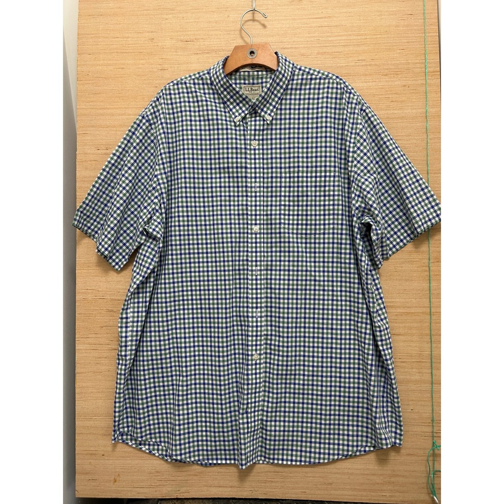 LL Bean Mens XL Reg Blue Green Gingham Short Sleeve Button Down Shirt 275580